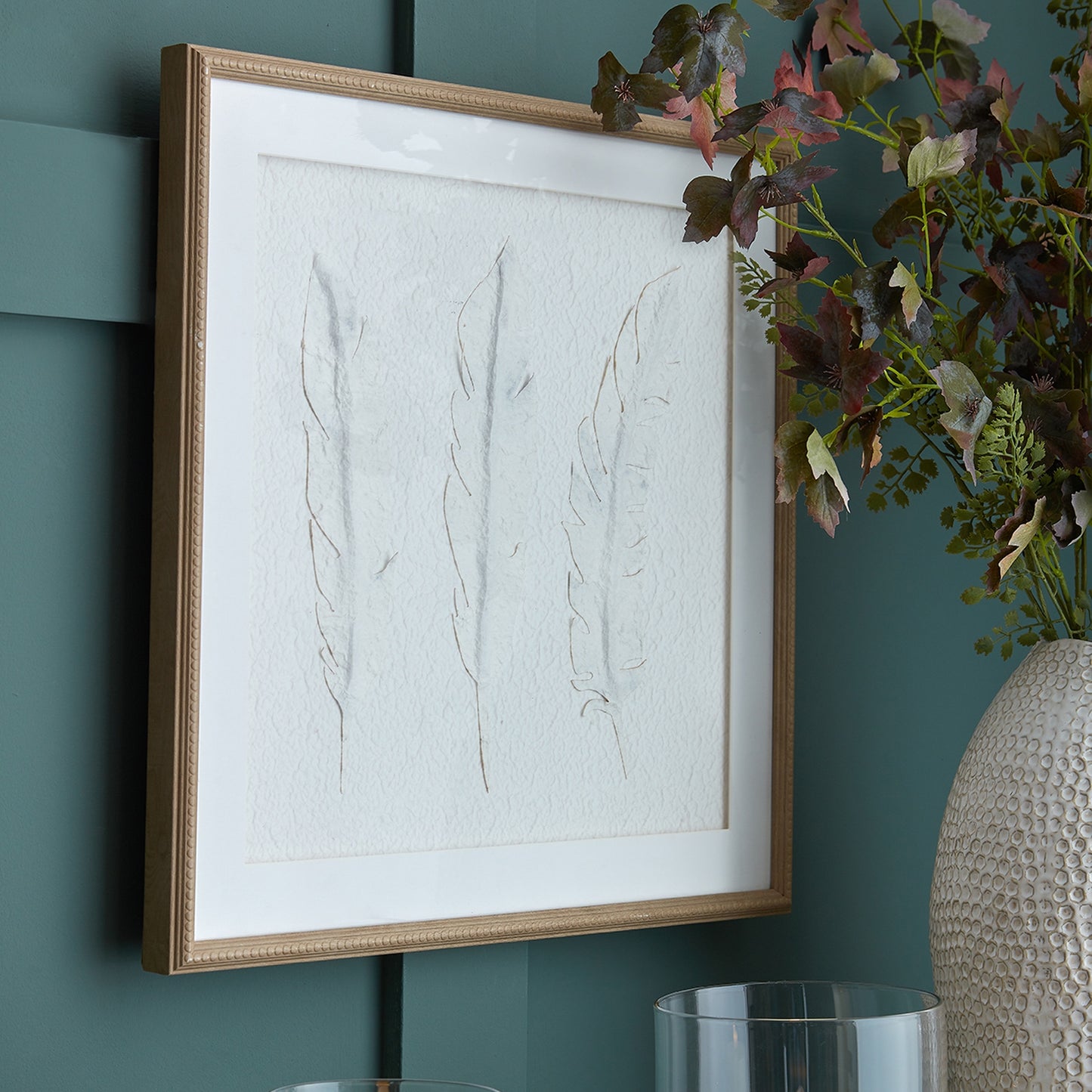 White Feathers Art Mounted In Beaded Frame