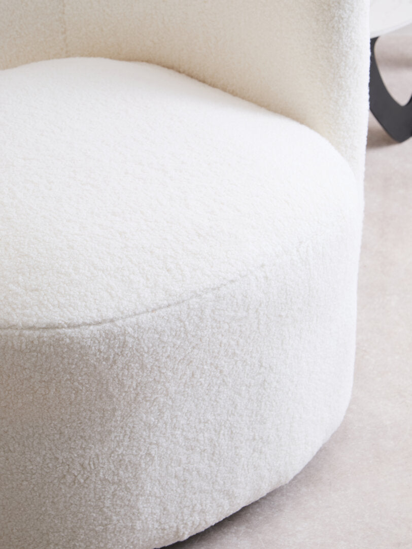 Montreal Ivory Boucle Effect Curved Lounge Chair With Swivel Base