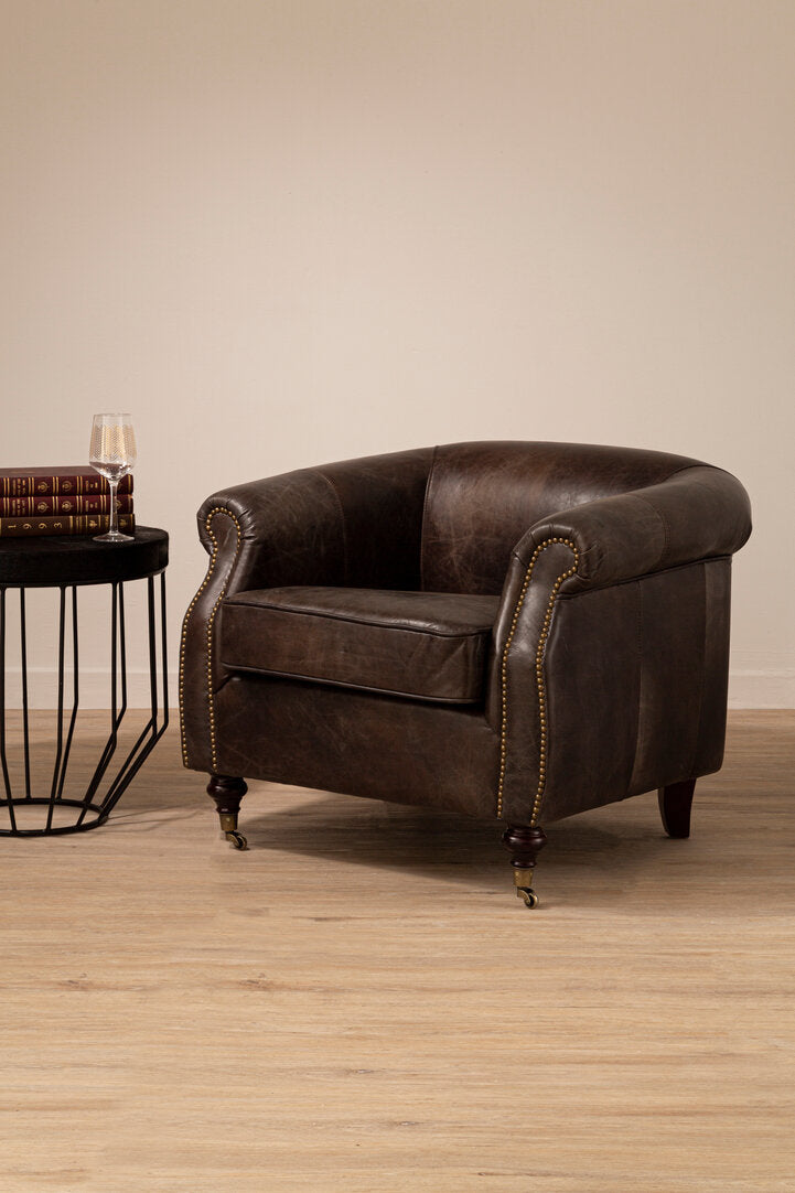 Harrison Dark Grey Brown Leather Curved Armchair