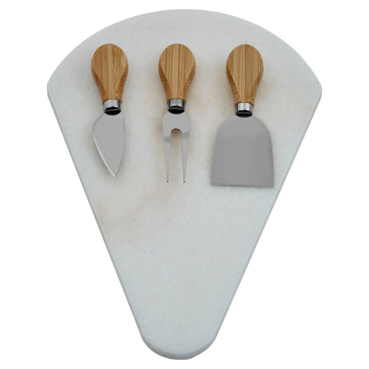 Kindia White Marble Triangular Cheese Board with 3 Knives