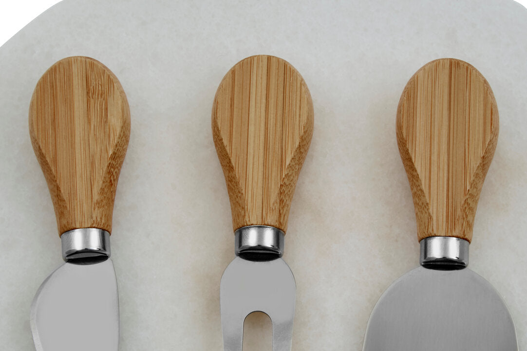 Kindia White Marble Triangular Cheese Board with 3 Knives