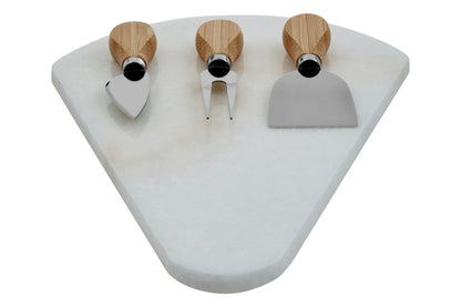 Kindia White Marble Triangular Cheese Board with 3 Knives