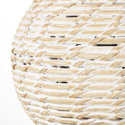 White Wash Bulbous Wicker Table Lamp With Linen Shade - Small