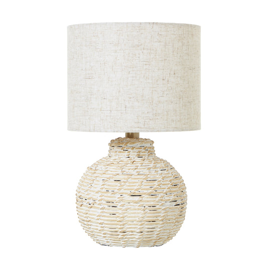 White Wash Bulbous Wicker Table Lamp With Linen Shade - Small