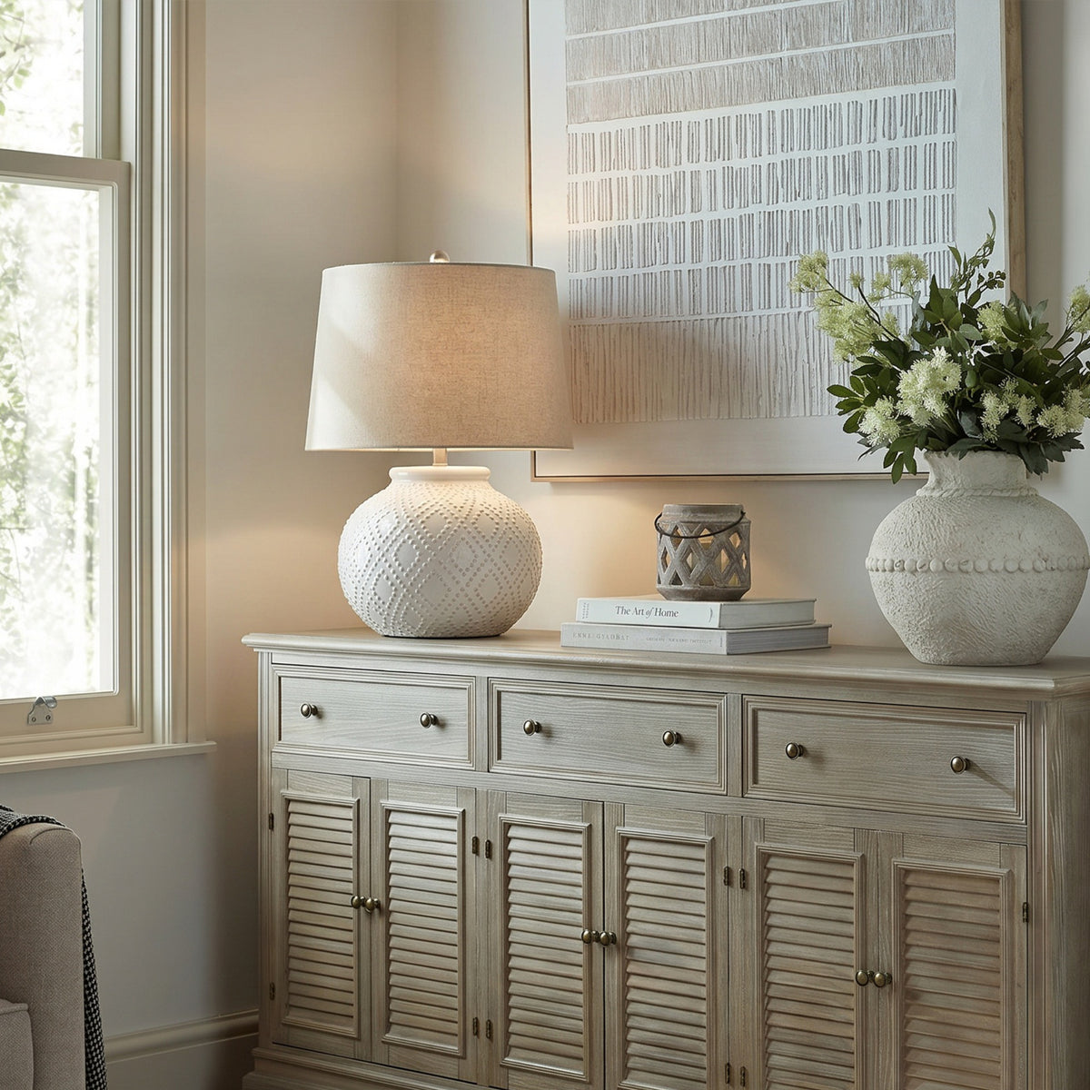 Elodie Small White Beaded Ceramic Table Lamp with Linen Shade