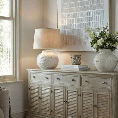 Elodie Small White Beaded Ceramic Table Lamp with Linen Shade