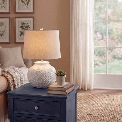 Elodie Small White Beaded Ceramic Table Lamp with Linen Shade