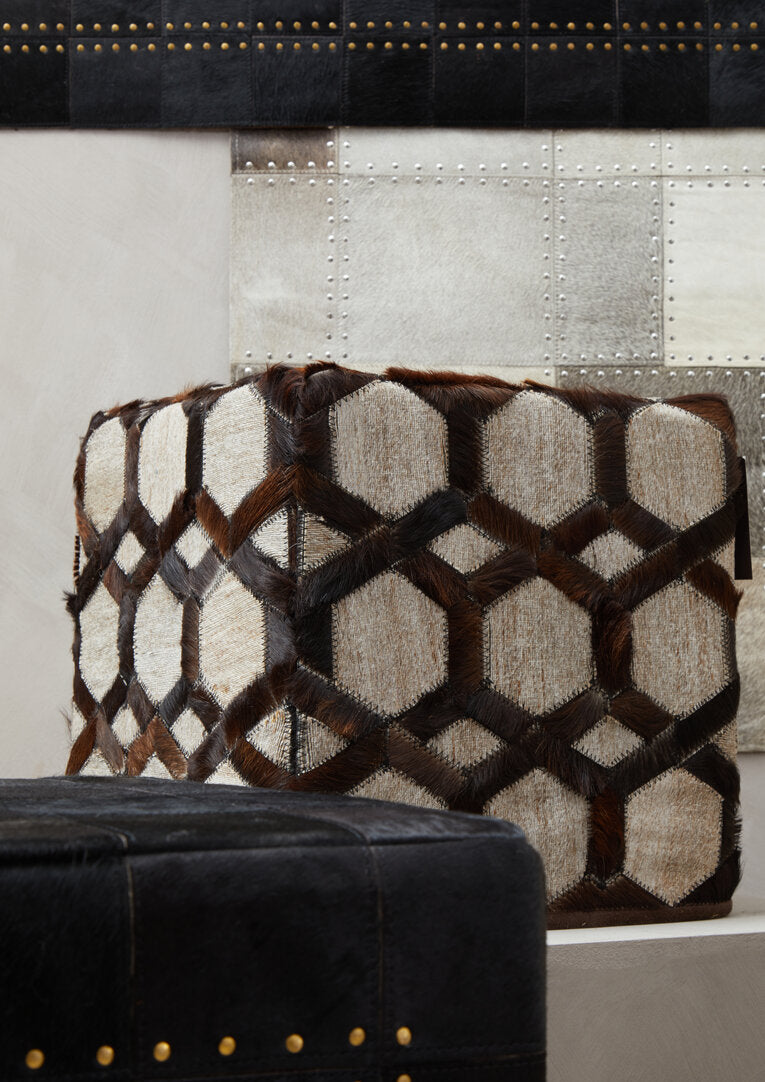 Safira Genuine Grey Leather Patchwork Pouffe