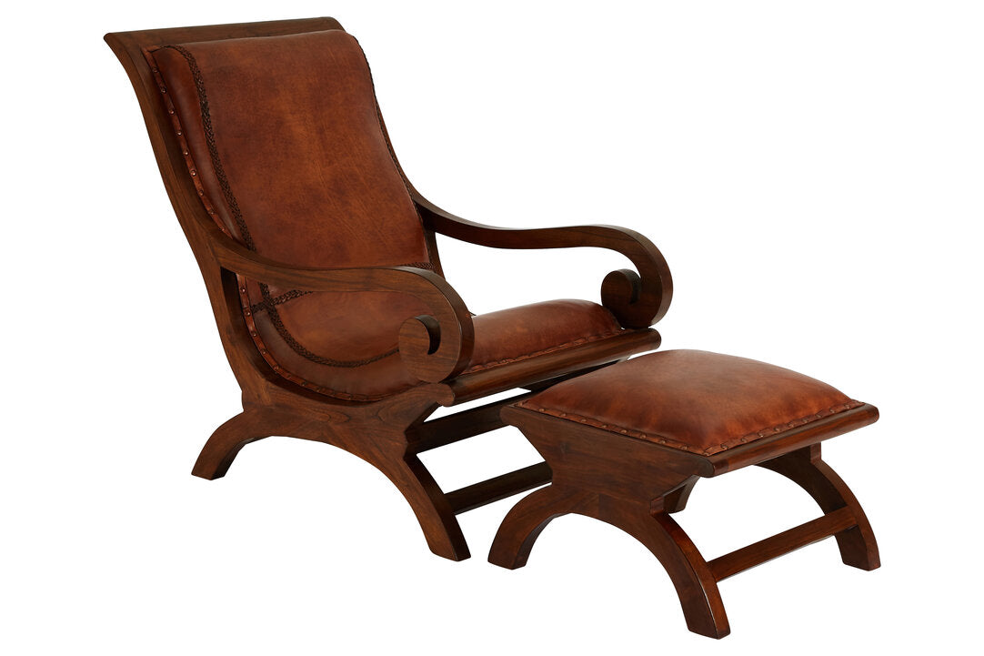 Inca Brown Leather Lounge Chair with Footstool