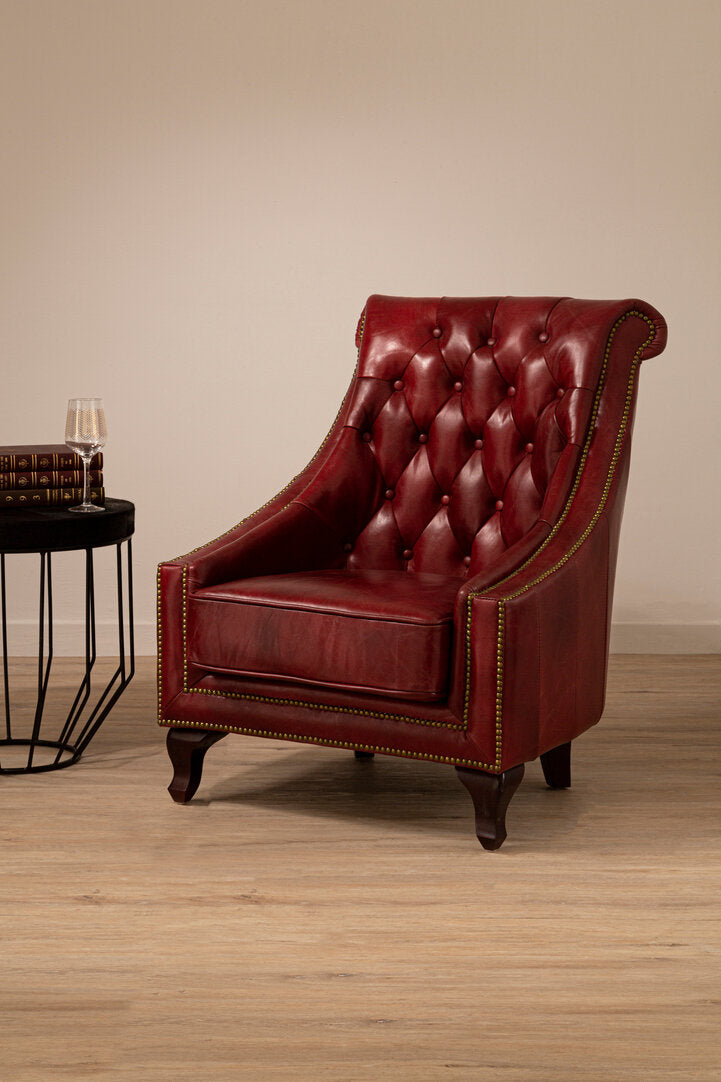 Victor Deep Red Leather Lounge Chair with Tufted Back