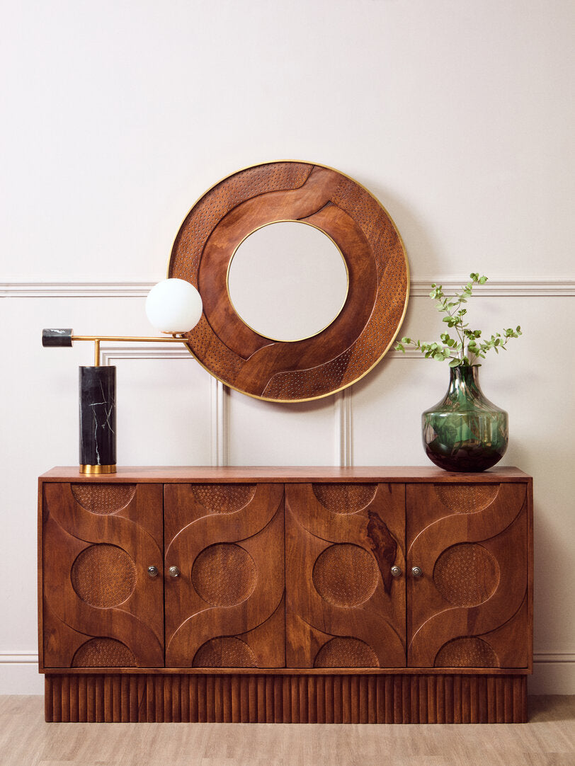 Siva Round Mango Wood Hammered Wall Mirror